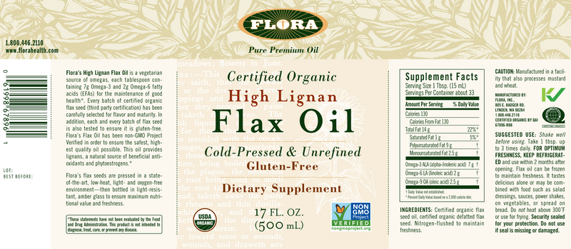 High Lignan Flax Oil Certified Organic 17oz (Flora) Label