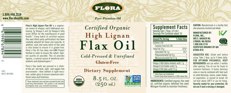High Lignan Flax Oil Certified Organic 8.5oz (Flora) Label