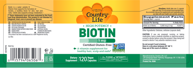 High Potency Biotin 5 mg (Country Life) Label