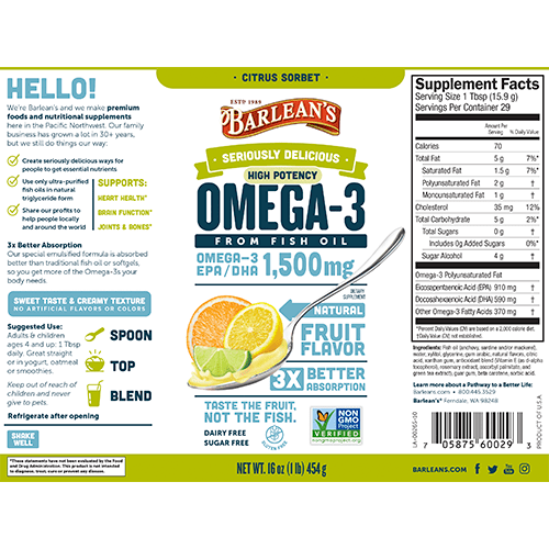 High Potency Omega-3 Citrus Sorbet (Barlean's Organic Oils) Label
