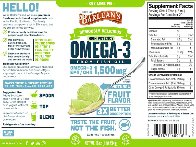 High Potency Omega-3 Key Lime Pie (Barlean's Organic Oils) Label