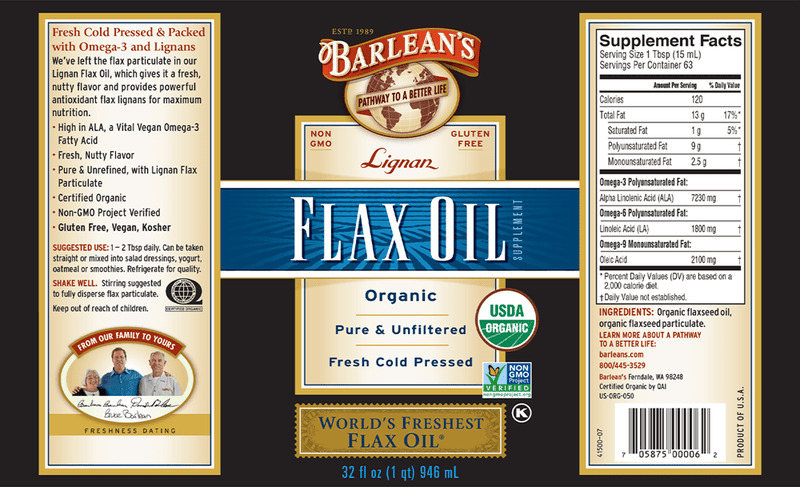 Highest Lignan Flax Oil Organic (Barlean's Organic Oils) Label
