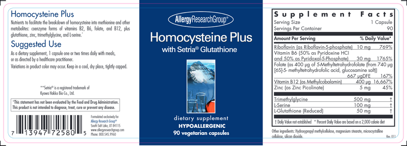 Homocysteine Plus (Allergy Research Group) label