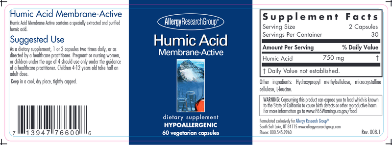 Humic Acid (Allergy Research Group) Label