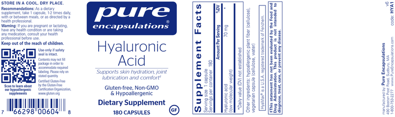 Hyaluronic Acid 180 caps (Pure Encapsulations) label