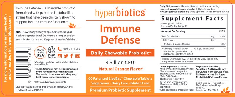 Immune Defense Daily Chewable Probiotic (Hyperbiotics) Label