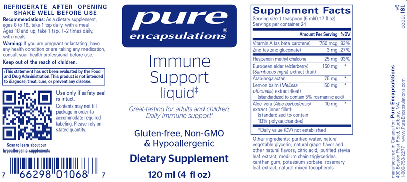 Immune Support Liquid 120 ml Pure Encapsulations label