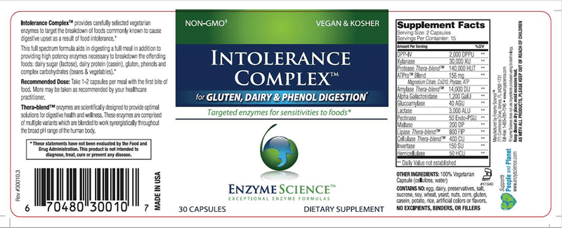 Intolerance Complex 30 Capsules Enzyme Science Label