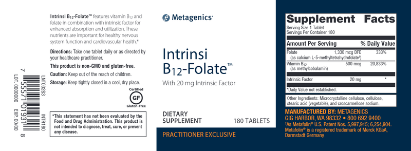 Intrinsi B12/Folate (Metagenics) 180ct Label