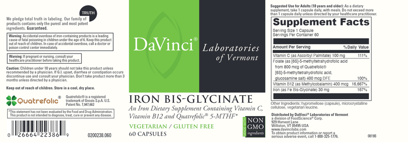 Iron Bis Glycinate DaVinci Labs Label