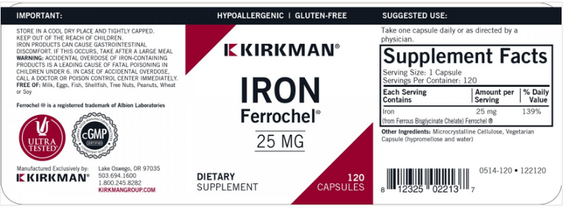 Iron Ferrochel 25 mg (Kirkman Labs) Label