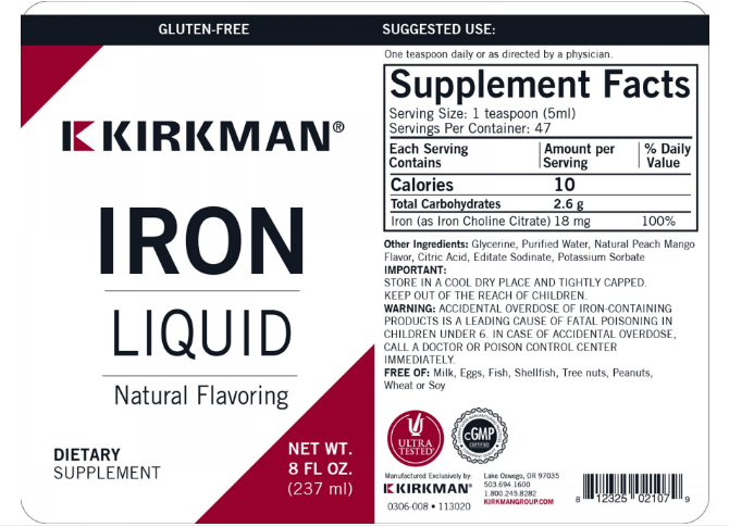 Iron Liquid 8 fl oz (Kirkman Labs) Label