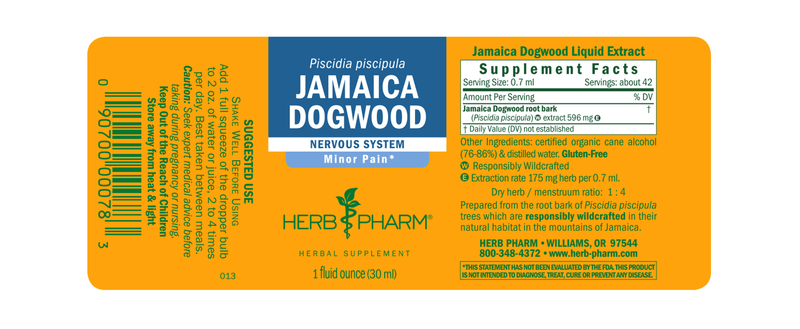 Jamaica Dogwood 1oz label | Herb Pharm