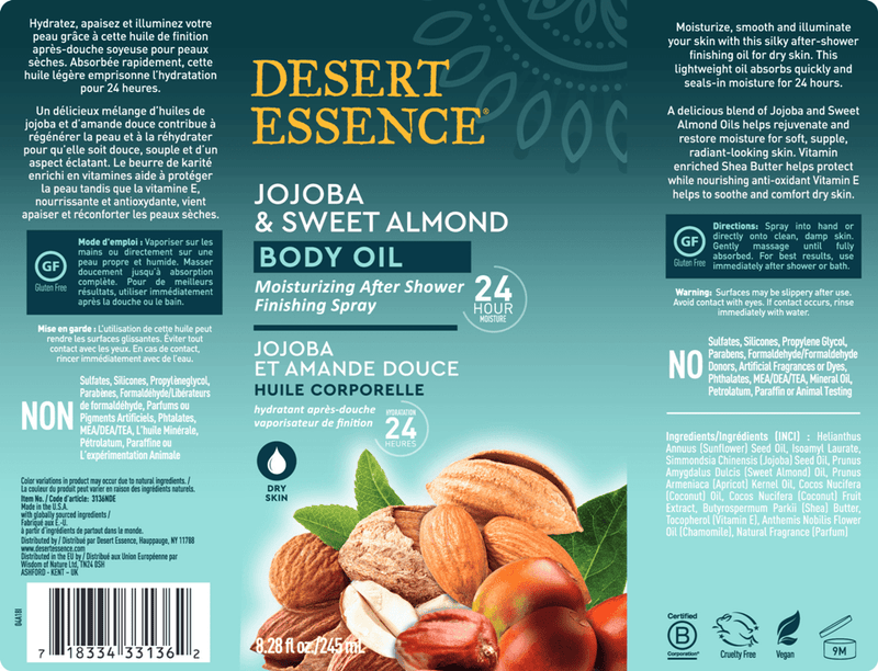 Jojoba & Sweet Almond Body Oil Spray (Desert Essence) Label