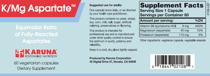 K/Mg Aspartate (Karuna Responsible Nutrition) Label
