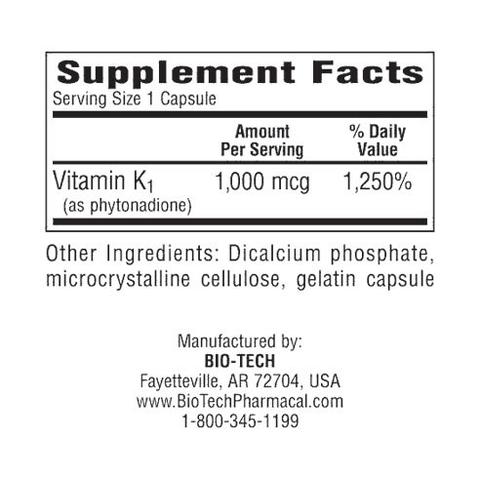 K1-1000 (Vitamin K-1) (Bio-Tech Pharmacal) Supplement Facts