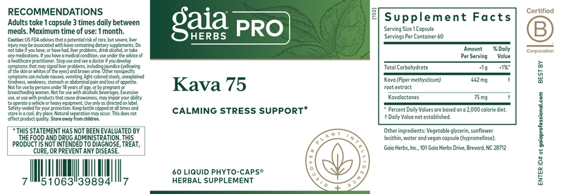 kava 75 gaia herbs pro label