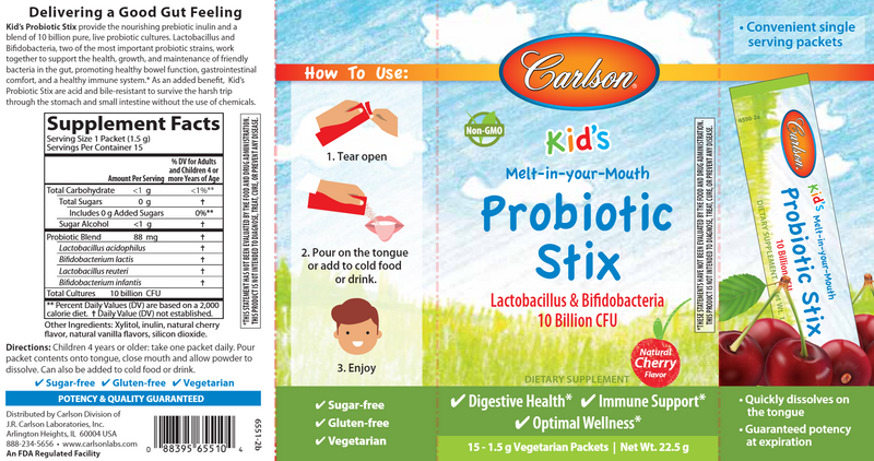 Kid's Probiotic 15 Stix (Carlson Labs) Label