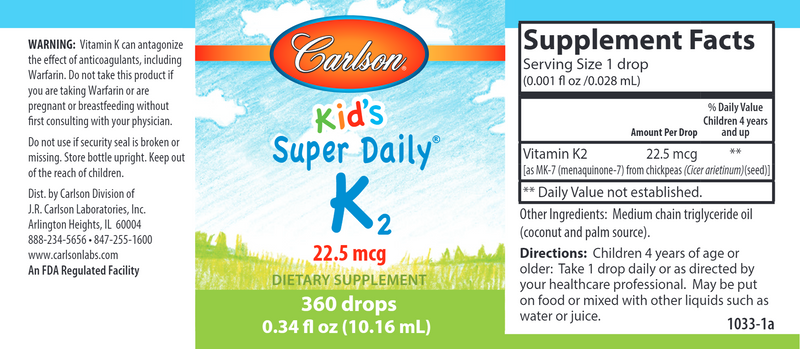 Kid's Super Daily K2 (Carlson Labs) Label