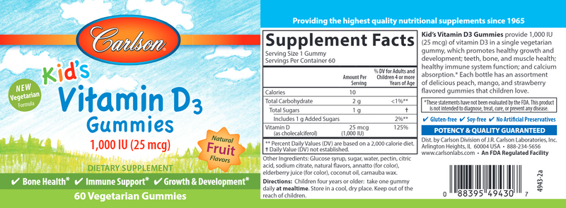 Kid's Vitamin D3 Gummies (Carlson Labs) Label