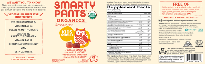 Kids Formula Organic (SmartyPants Vitamins) Label