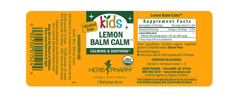 Kids Lemon Balm Calm label |  Herb Pharm