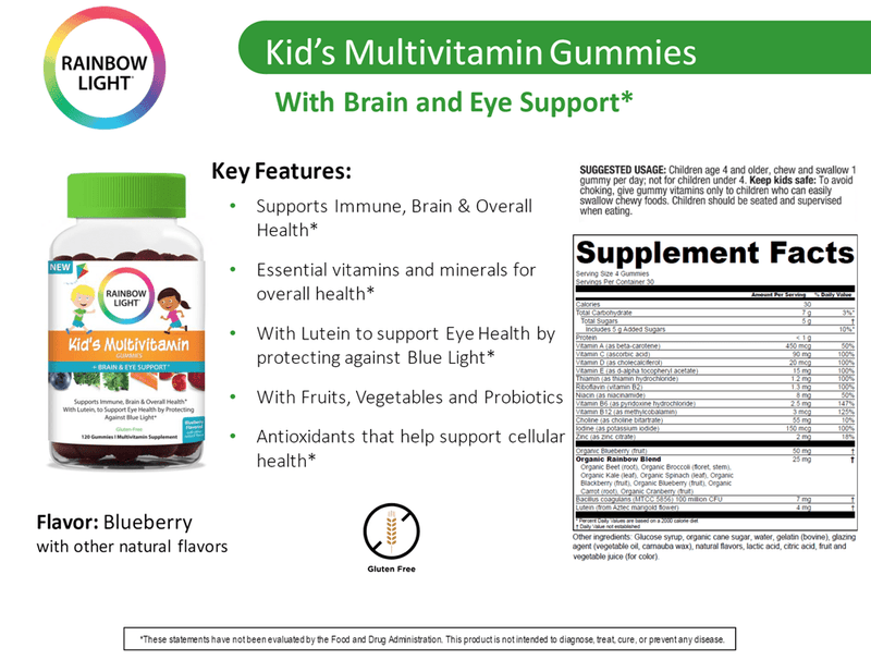 Kids Multi + Brain & Eye (Rainbow Light Nutrition) Label