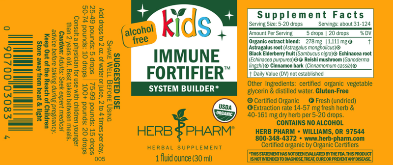 Kids Immune Fortifier Alcohol Free (Herb Pharm) Label