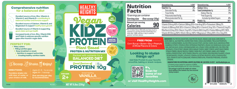 KidzProtein Vegan Vanilla Canister (Healthy Height) label