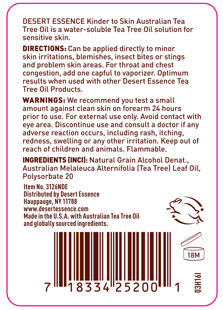 Kinder to Skin Tea Tree Oil (Desert Essence) Label