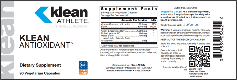 klean antioxidant (klean athlete) label