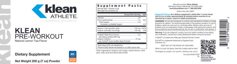 klean pre-workout (klean athlete) label
