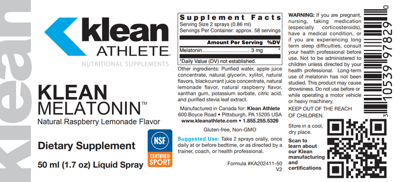 Klean Melatonin Spray (Douglas Labs) Label