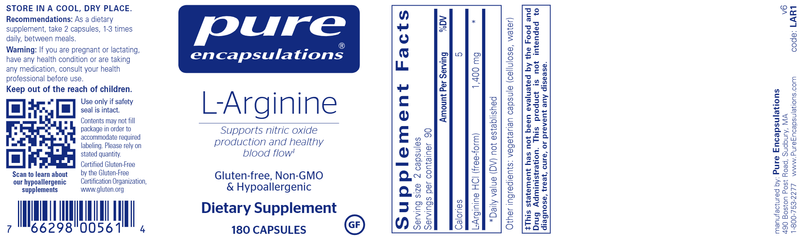 L-Arginine 180 Count (Pure Encapsulations) label