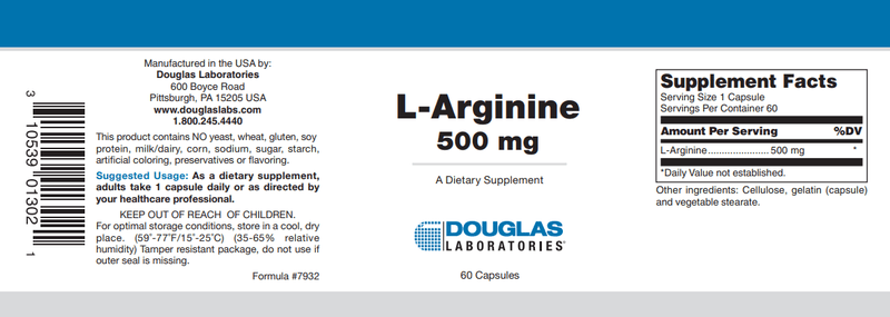 L-Arginine 500 mg. (60 Count) (Douglas Labs) Label