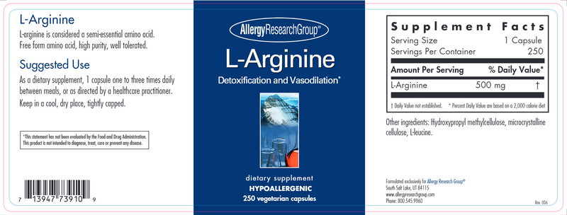 L-Arginine 500 mg (Allergy Research Group) label