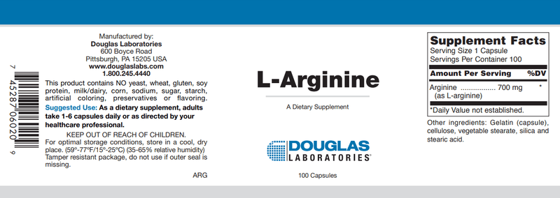 L-Arginine 700 mg. (100 Count) (Douglas Labs) Label