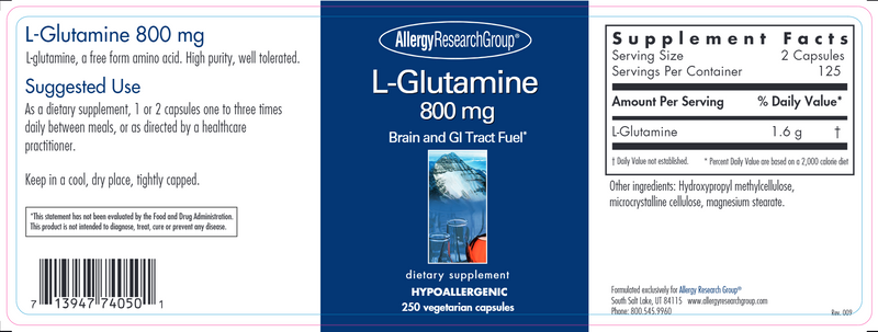 L-Glutamine 800 Mg (Allergy Research Group) label