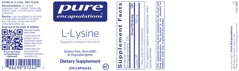 L-Lysine 270 caps (Pure Encapsulations) label