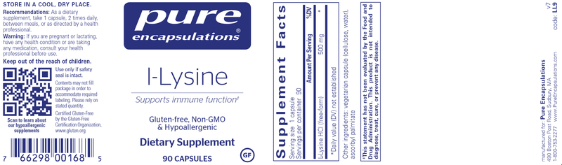L-Lysine 90 caps (Pure Encapsulations) label