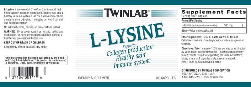 L-Lysine Caps 500 mg Twinlab Label