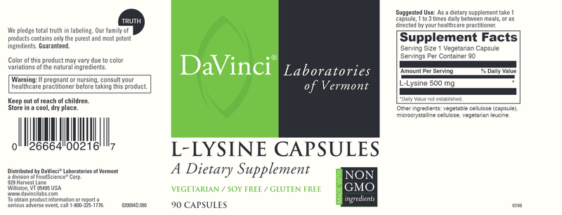 L-Lysine Capsules (DaVinci Labs) Label