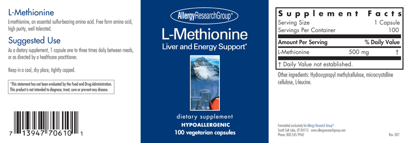 L-Methionine 500 Mg (Allergy Research Group) label