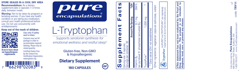 L-Tryptophan 180 caps (Pure Encapsulations) label