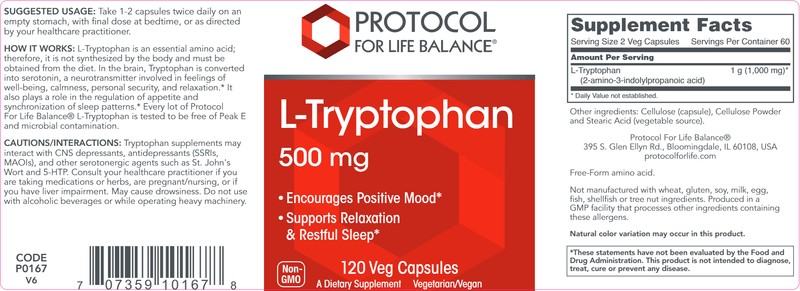 L-Tryptophan 500 mg (Protocol for Life Balance) 120ct Label