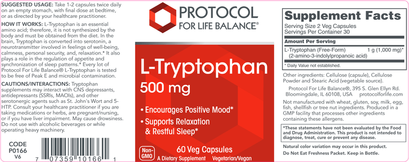 L-Tryptophan 500 mg (Protocol for Life Balance) 60ct Label