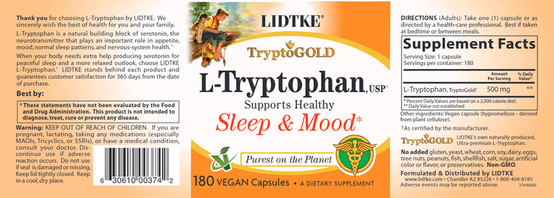L-Tryptophan 180 caps (Lidtke) Label