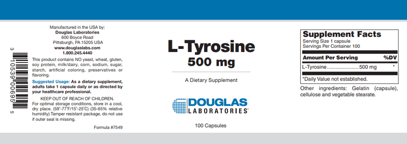 L-Tyrosine 500 mg. (Douglas Labs) Label