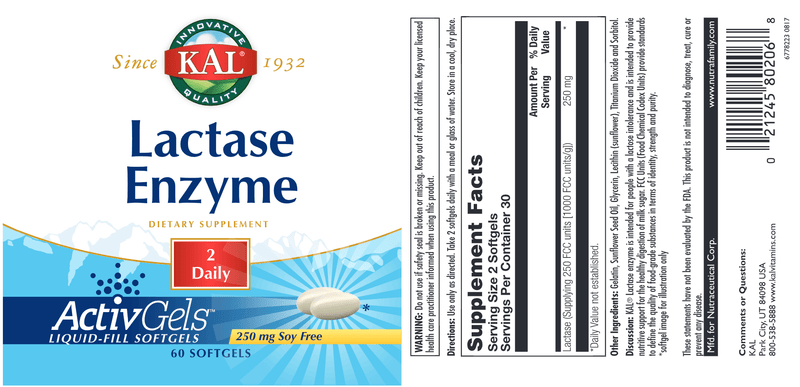 Lactase ActiveGels 250 mg (KAL) Label