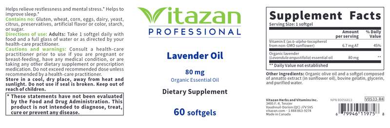 Lavender Oil 80 mg (Vitazan Pro) Label